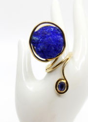 Bague, laiton doré, azurite, cyanite - H 4,5 cm / L 2 cm