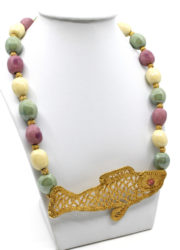 Collier en bronze doré, tourmaline rose et céramique